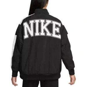Nike Women's Sportswear Team Jacket Large Black Bomber Logo Spellout Oversized